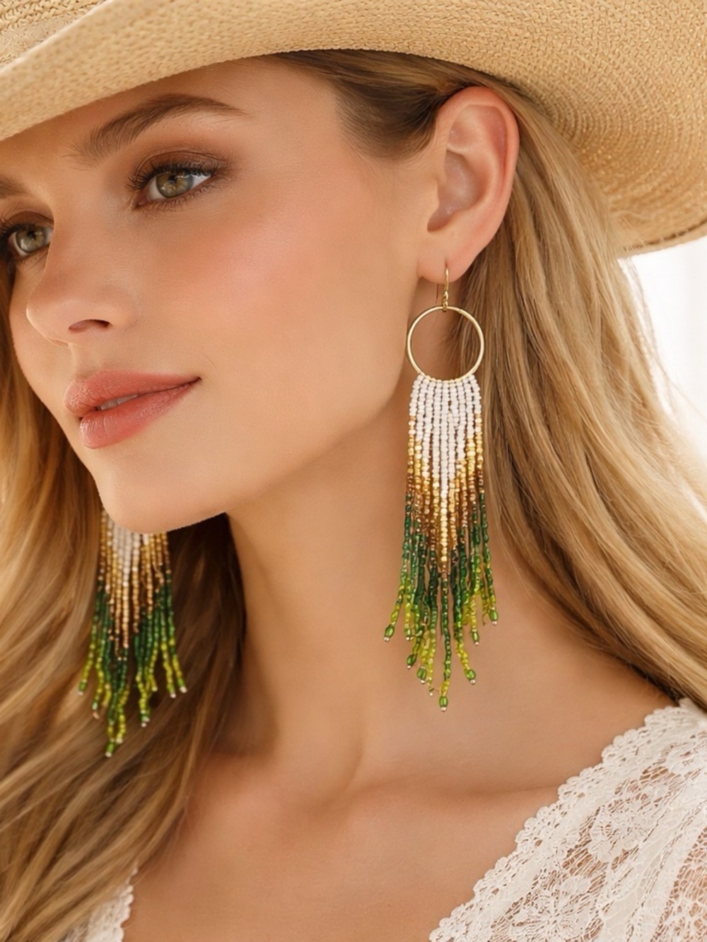 Boho Western Beaded Statement Earrings 5” Gold Tribal Cowgirl Festival Jewelry